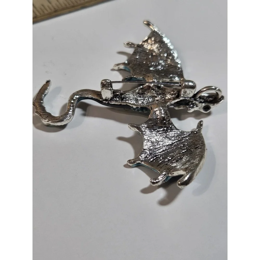 Teal Dragon Brooch Pendant W Gemstones Silver Tone